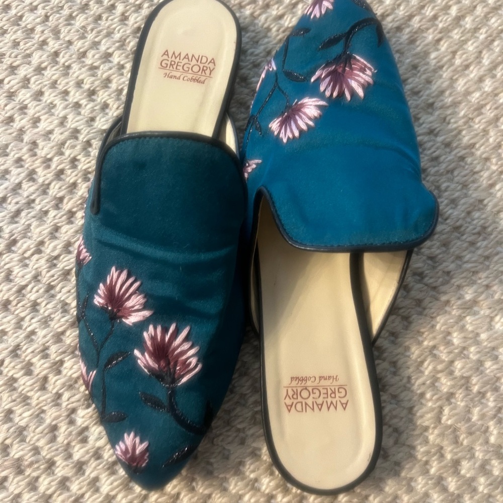 Amanda Gregory Blue and Pink Embroidered Floral Mules